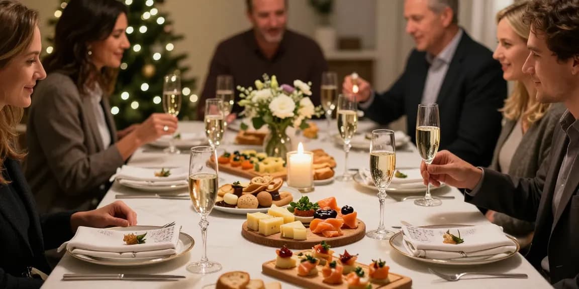 Delikata tilltugg till Champagne på elegant middagsbord, med osttallrikar och laxsnittar.