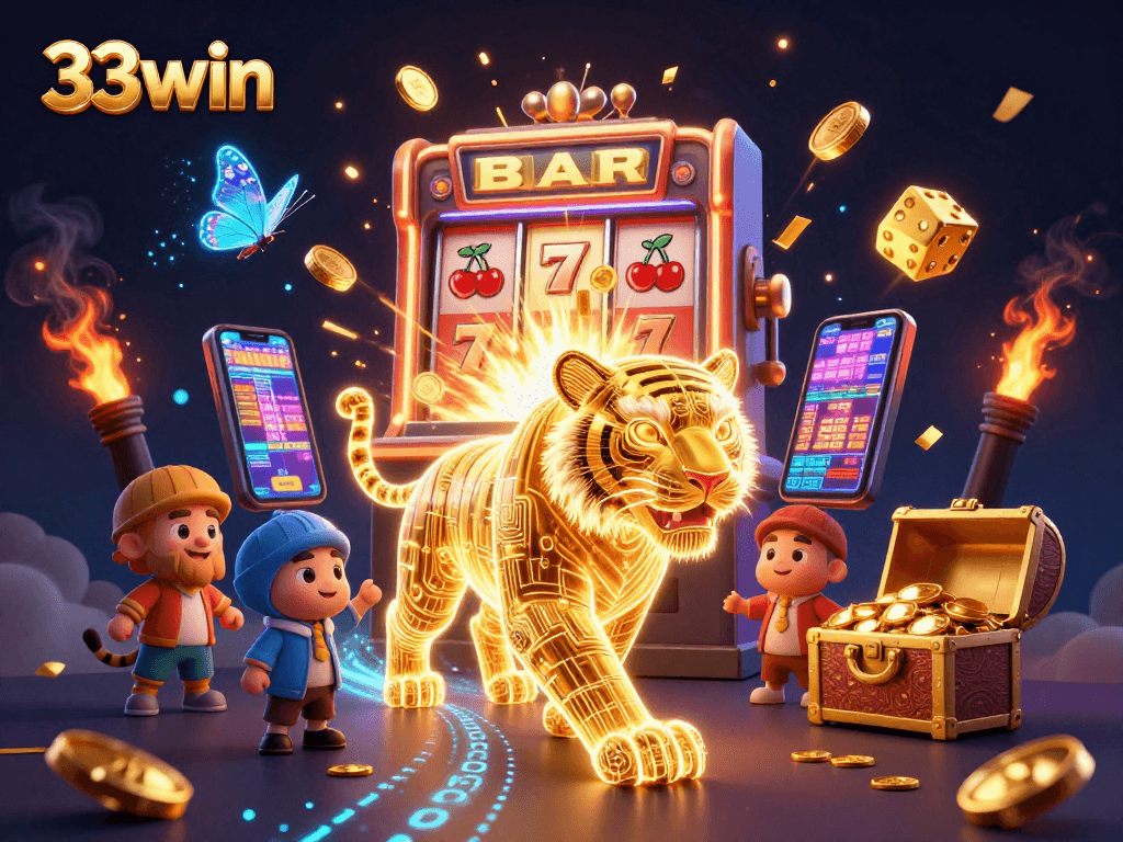 Play thrilling casino games at 33win, featuring golden tiger and jackpot symbols in vibrant 3D scene.