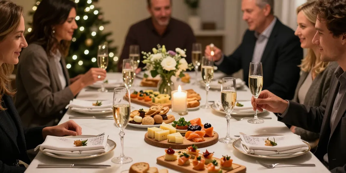 Delikata tilltugg till Champagne på elegant middagsbord, med osttallrikar och laxsnittar.