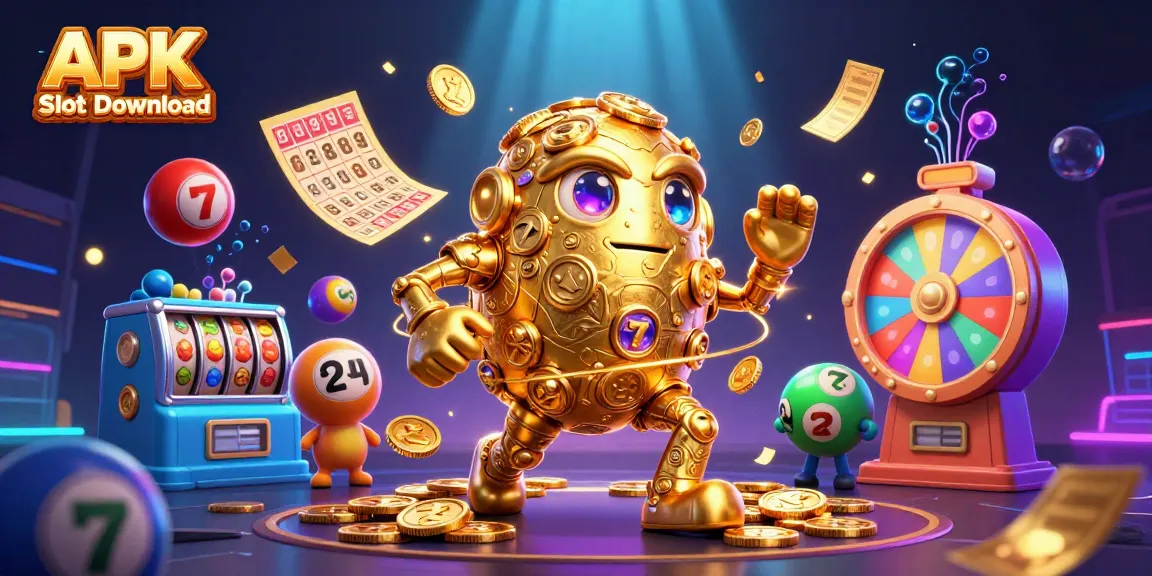 APK Slot Download with colorful casino elements and animated characters showcasing an exciting gaming experience.