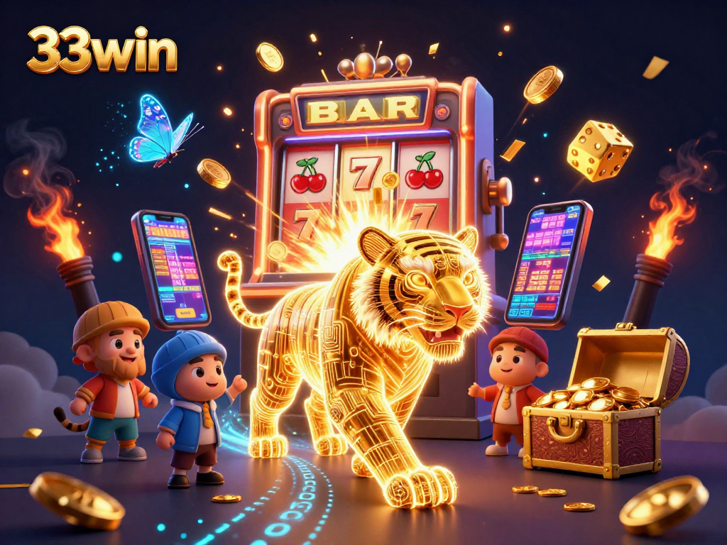 Play thrilling casino games at 33win, featuring golden tiger and jackpot symbols in vibrant 3D scene.