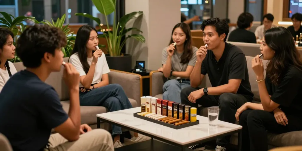 Relaxed gathering in a modern lounge enjoying rokok88 alternatif with friends.