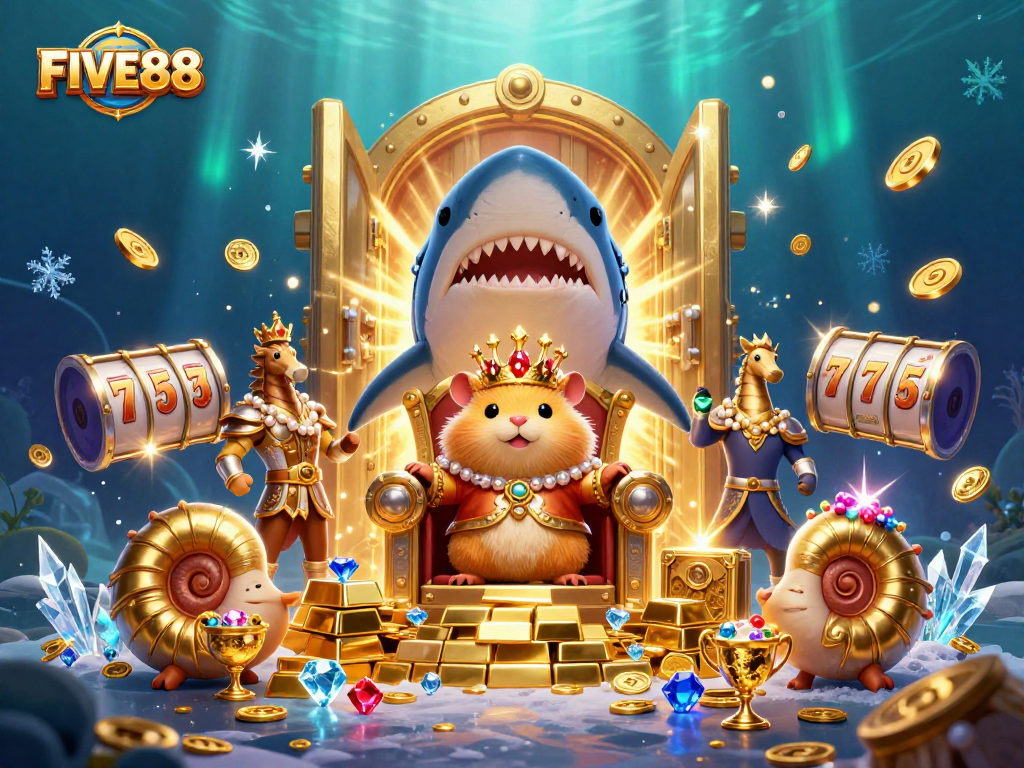 Experience FIVE88’s vibrant casino world with golden treasures and playful royal characters
