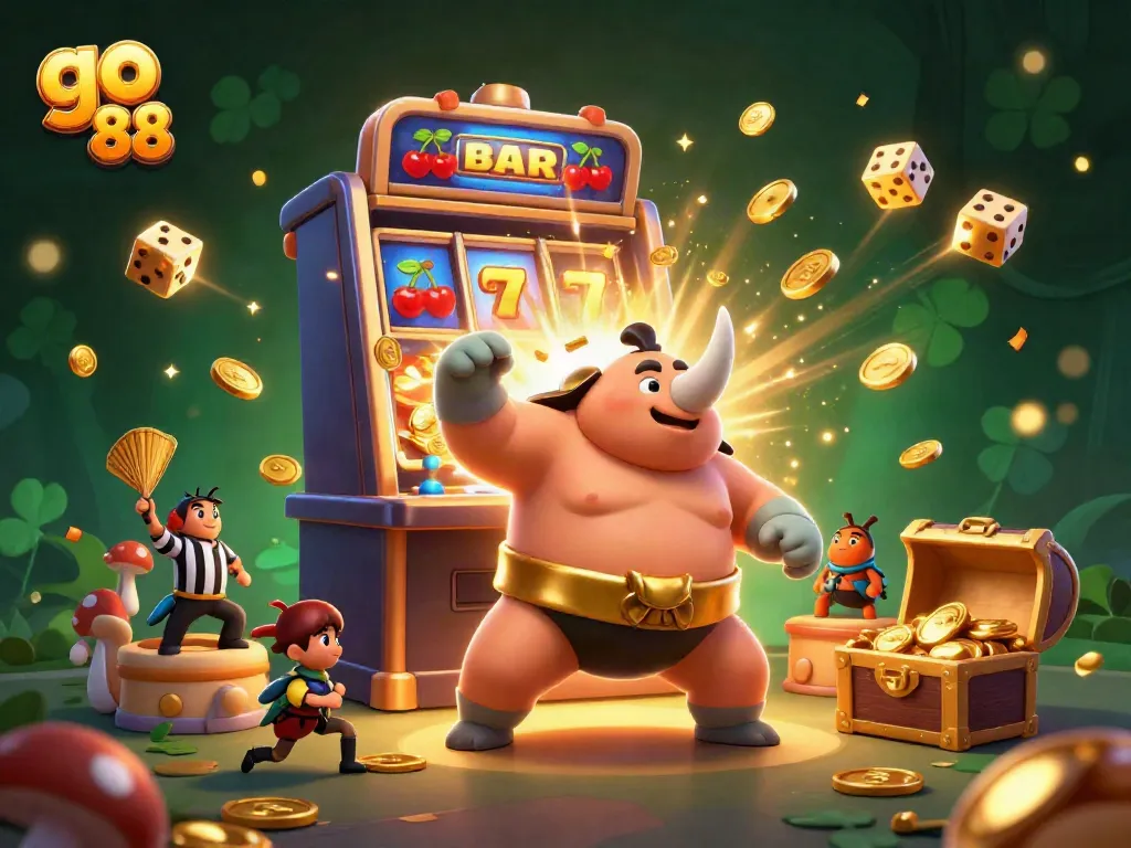 Experience the thrill as the go 88 mascot stomps, unleashing riches in a festive casino atmosphere.