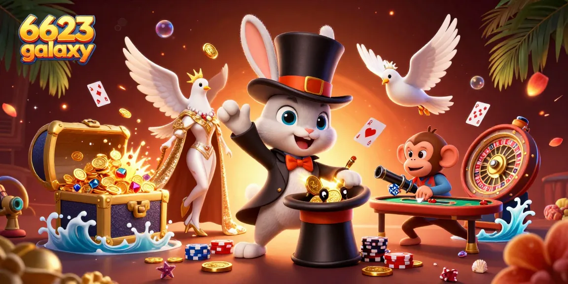 Experience the thrill of 6623 galaxy with magical characters and casino elements in a vibrant scene.