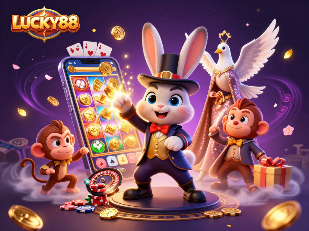 Play slot games with LUCKY88 while enjoying golden coins and vibrant casino elements in a magical scene.