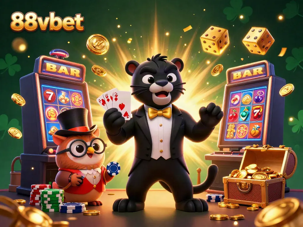 Experience thrilling gameplay with 88vbet in a lively scene featuring a stylish black panther dealer and friends.
