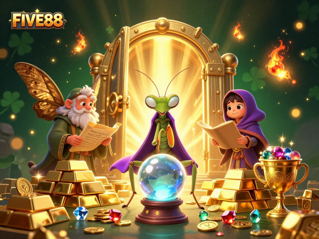 Experience thrilling moments with FIVE88 in a vibrant mystical scene full of treasures.