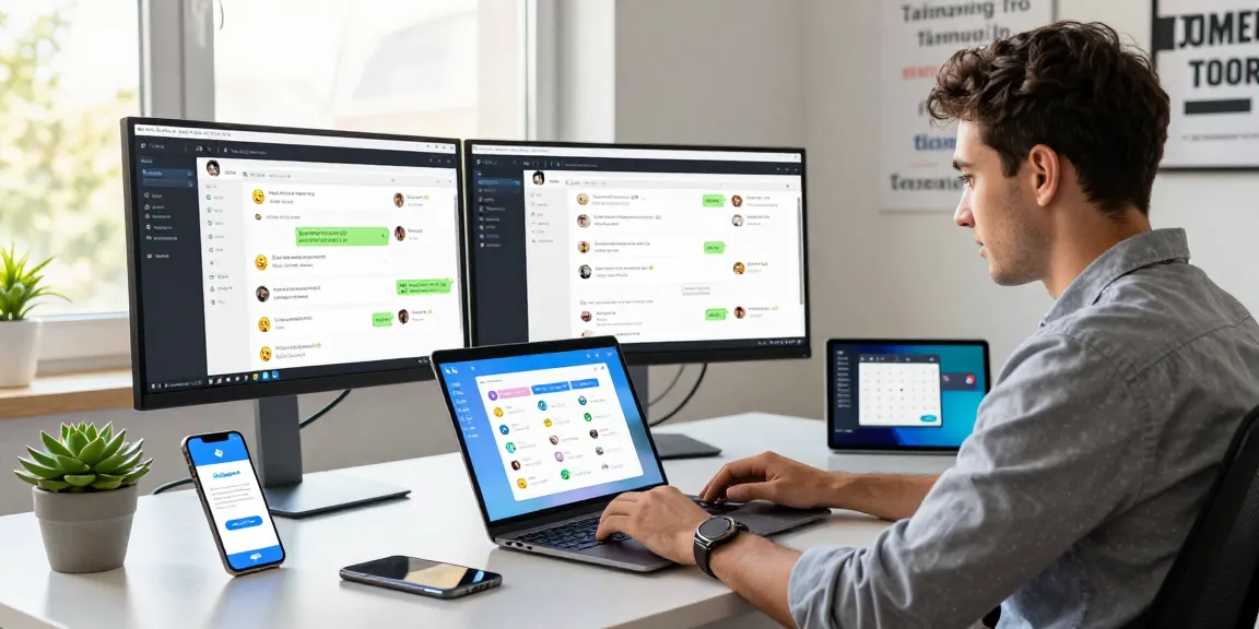 Dynamic workspace showcasing Telegram web version on laptop, surrounded by tech gadgets.