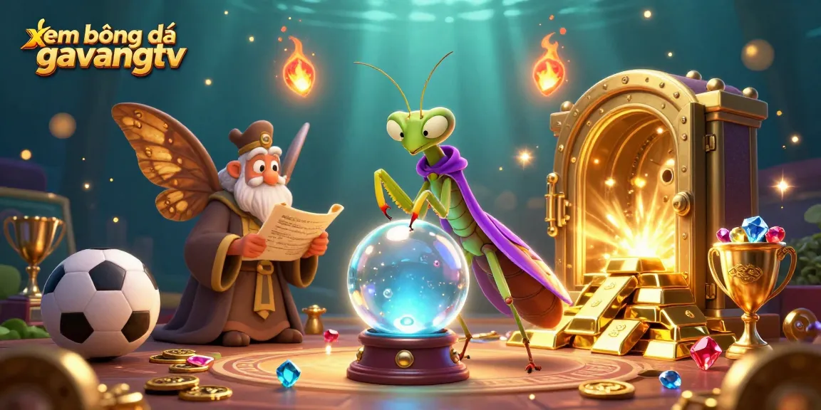 xem bóng đá gavangtv showcases an enchanting scene with a praying mantis fortune teller, sports elements, and sparkling treasures.