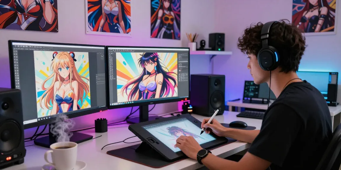 AI hentai digital artist creating vibrant anime illustrations in a modern studio.