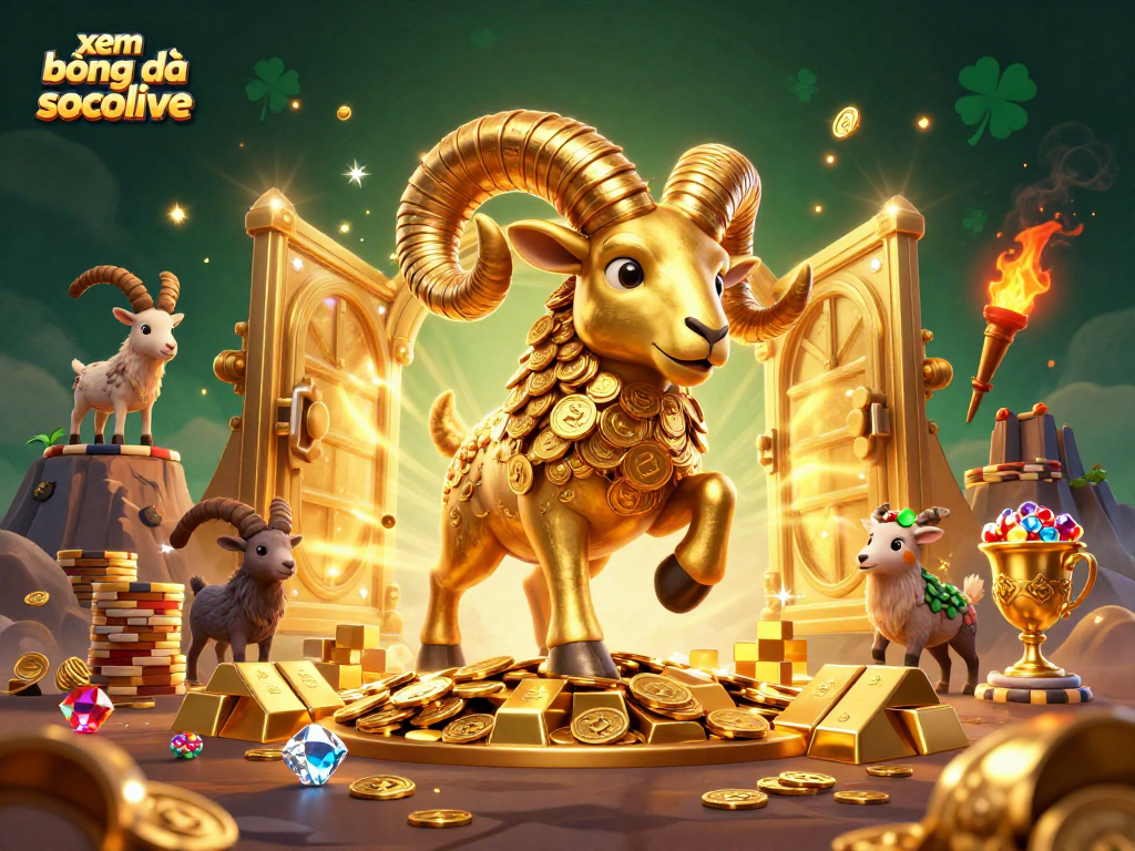 Bet on xem bóng đá socolive with a 3D ram charging through riches, bursting with golden treasures.