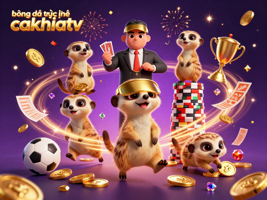 Engage in bóng đá trực tuyến cakhiatv with dynamic meerkats, football elements, and vibrant gambling action