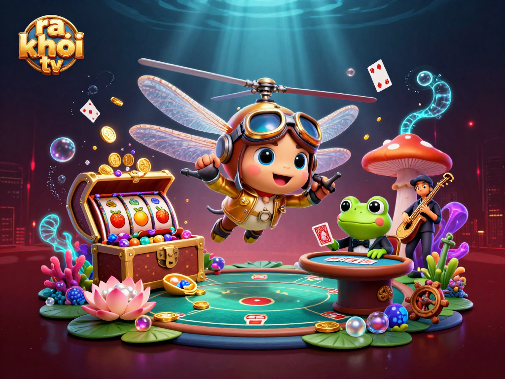 Engage in thrilling gameplay with ra khơi tv's vibrant scene mixing poker and slots at an underwater casino.