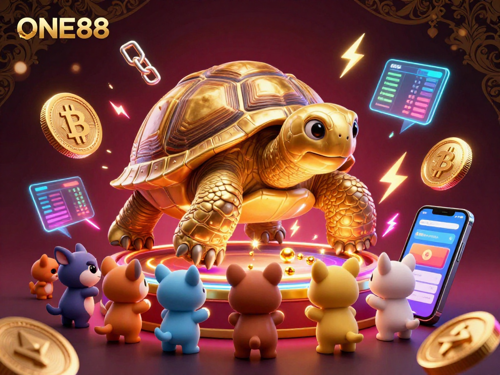 Engage with the vibrant casino experience at ONE88 featuring animated characters and crypto elements.