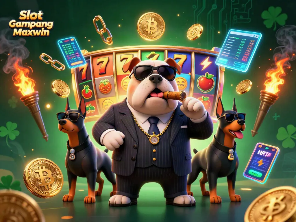 Engage with Slot Gampang Maxwin through action-packed slot gameplay illustrated with mafia-themed characters.