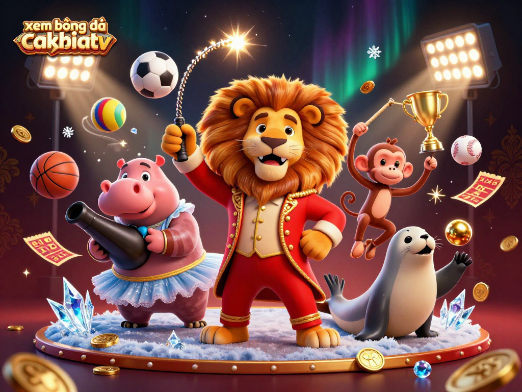Experience xem bóng đá cakhiatv in this vibrant scene featuring animated circus characters amidst sports excitement.