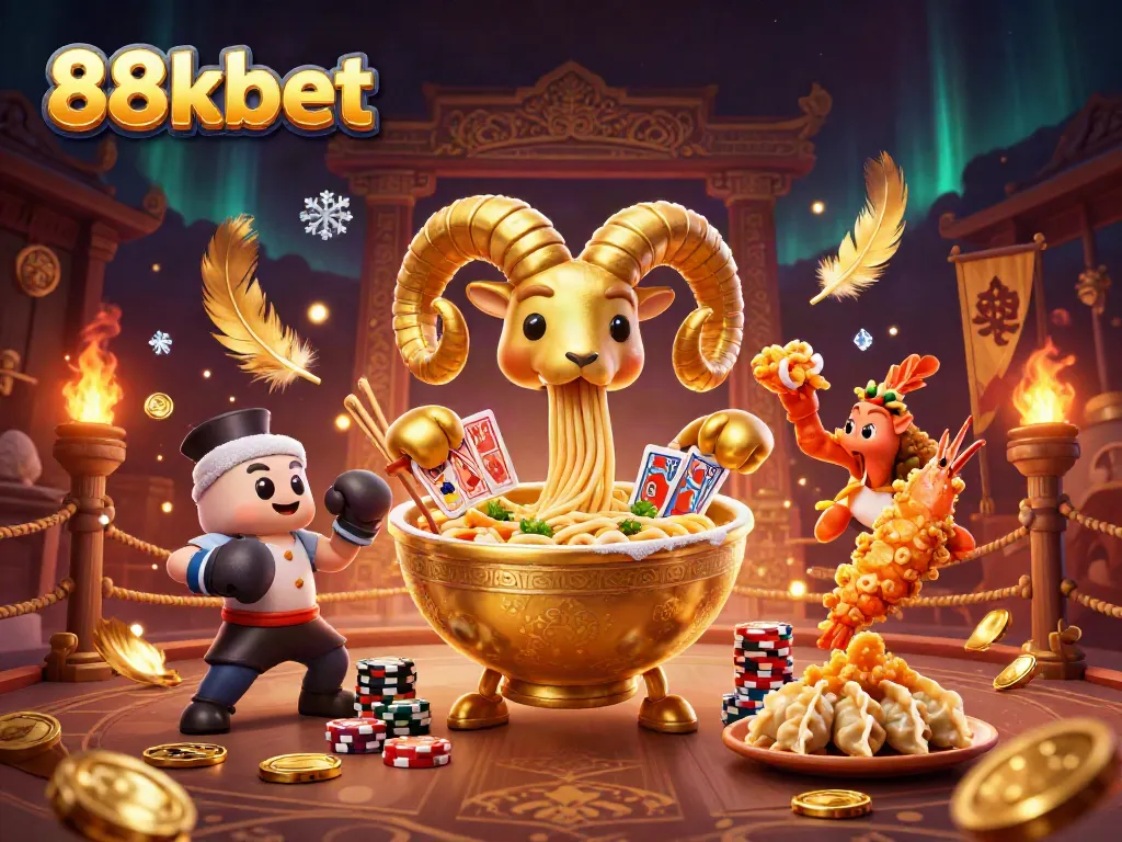 Engage with the 88kbet theme as a giant ramen bowl deals winning cards in a vibrant casino arena.