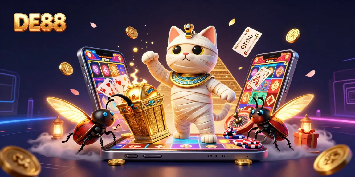 Experience the thrills of DE88 with an Egyptian mummy cat winning in a vivid casino.