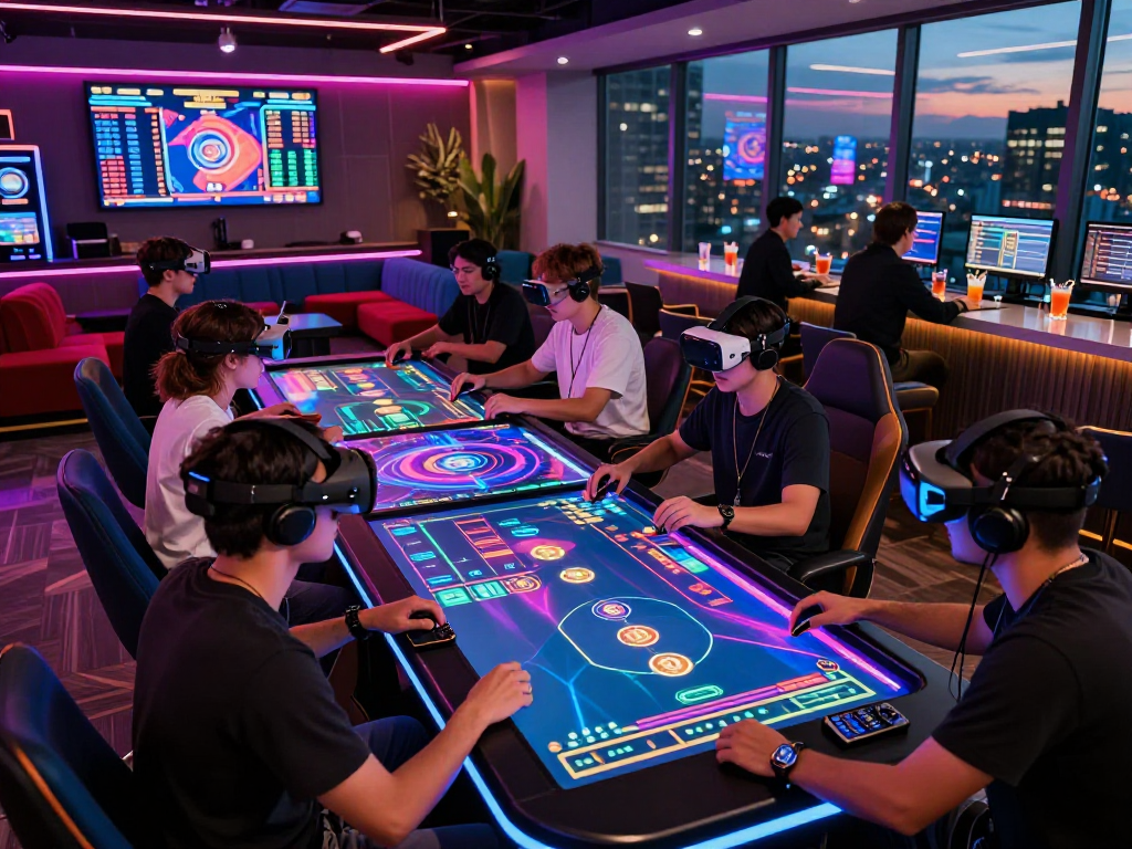 Players enjoying a thrilling game at a vibrant crypto casino, showcasing digital gaming tables and high-tech crypto displays.
