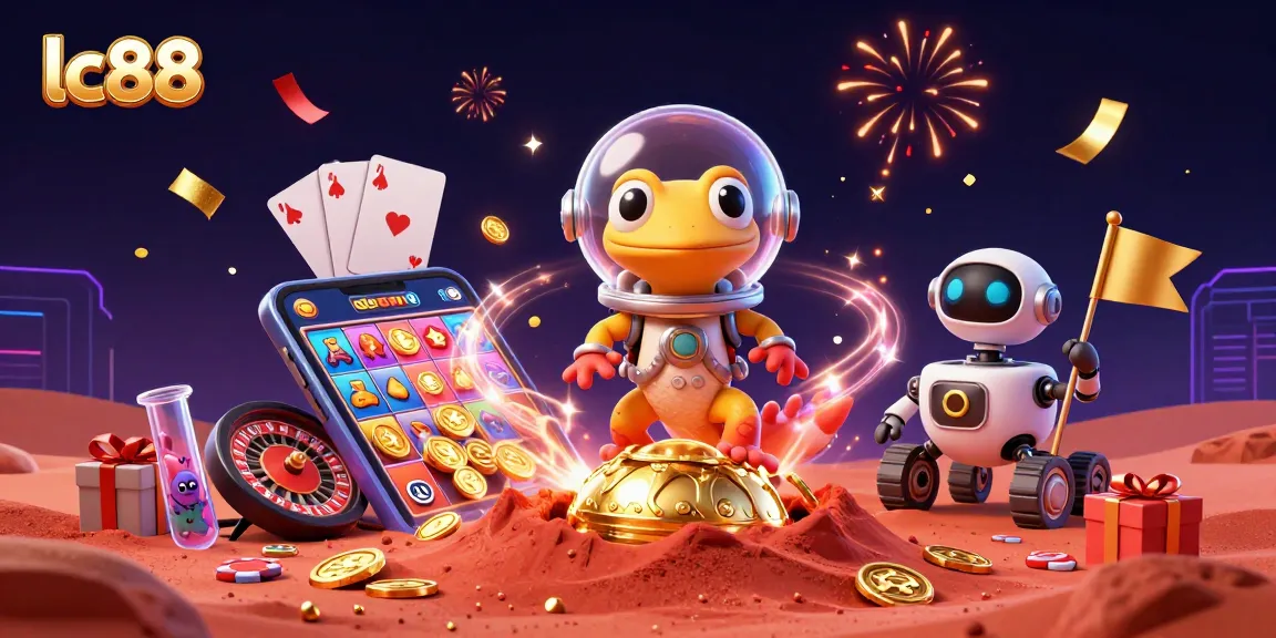 Engage with lc88's vibrant casino world featuring Martian gecko exploring a golden slot paradise.