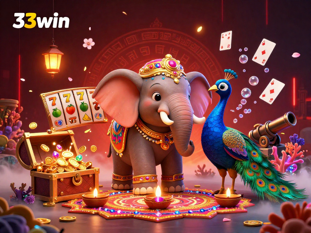 The 33win scene showcases an ornate Diwali elephant, vibrant slot market elements, and festive wildlife.
