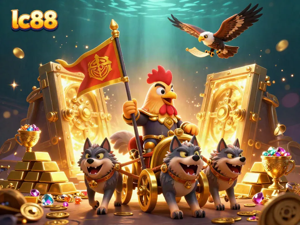 Experience thrilling adventures with lc88, where a rooster warlord commands riches in a casino-themed 3D scene.