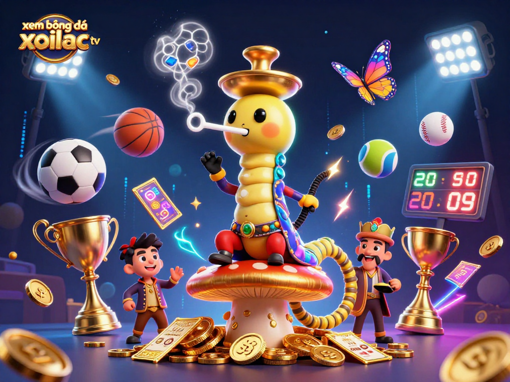 Xem bóng đá xoilac tv captures a vibrant sports betting scene with cartoon characters amid dynamic sports elements.