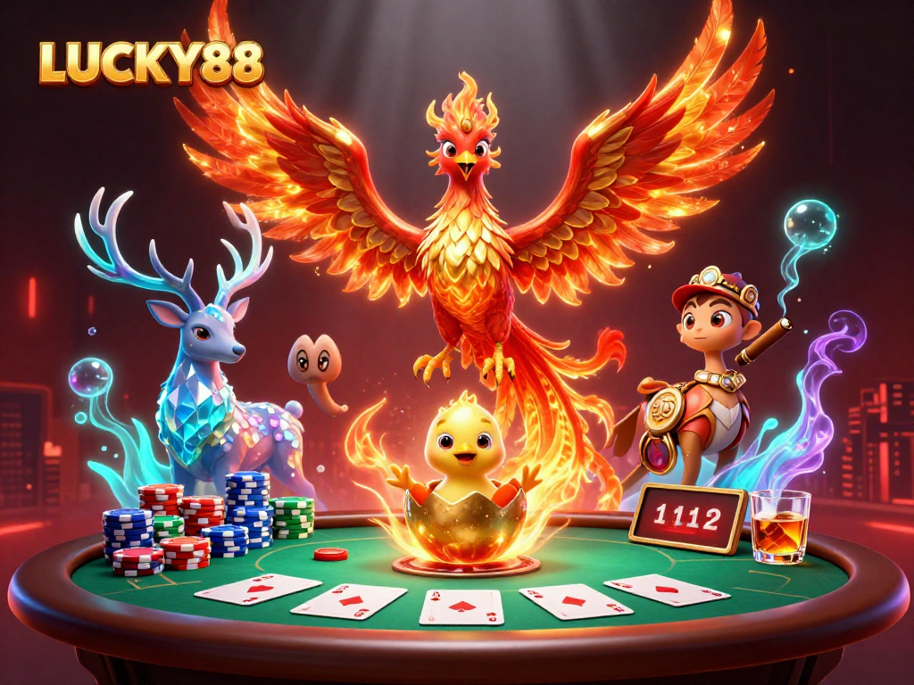 Experience thrilling action at LUCKY88 with a vibrant phoenix and poker scene.