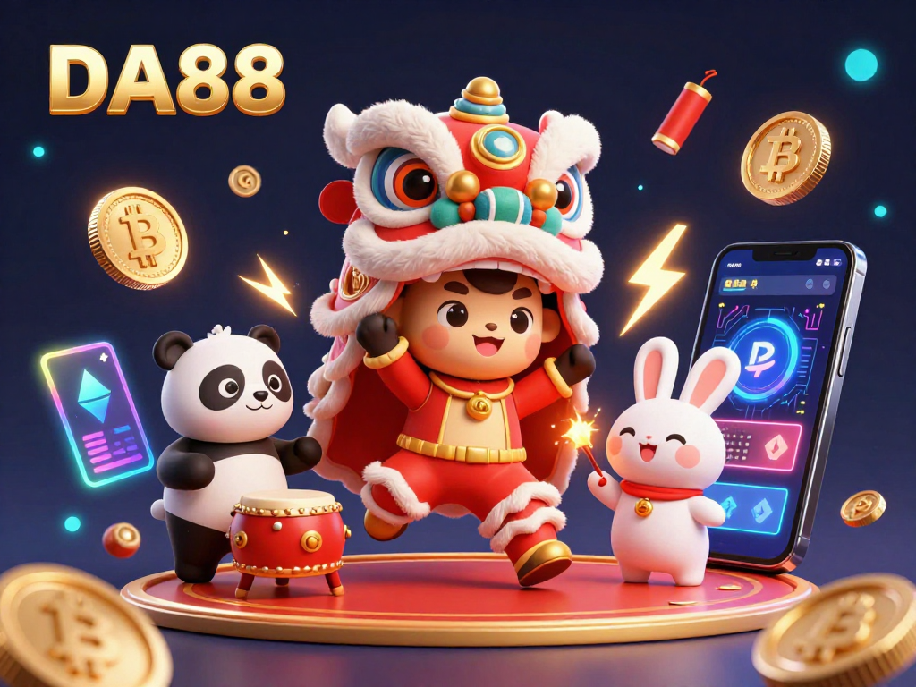 Experience excitement at DA88 with a lively Chinese New Year lion dance, crypto coins, and vibrant gaming elements.