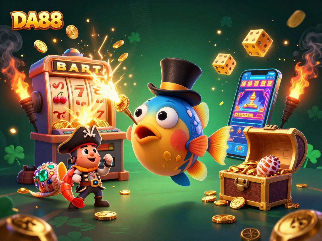 Attract golden coins at DA88 with an anglerfish, pirate shrimp, and treasure snail amidst a casino scene.