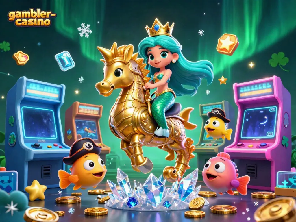 Illustration av världens bästa spelupplevelse med gambler-casino, en prinsessa på en sjöhäst.