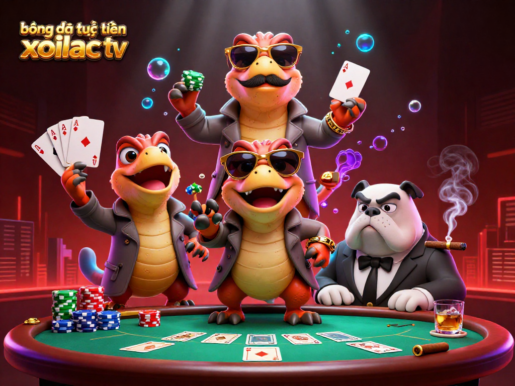 Bóng đá trực tuyến xoilac tv showcases three raptors in a trench coat hilariously attempting to enter a casino, surrounded by poker elements.