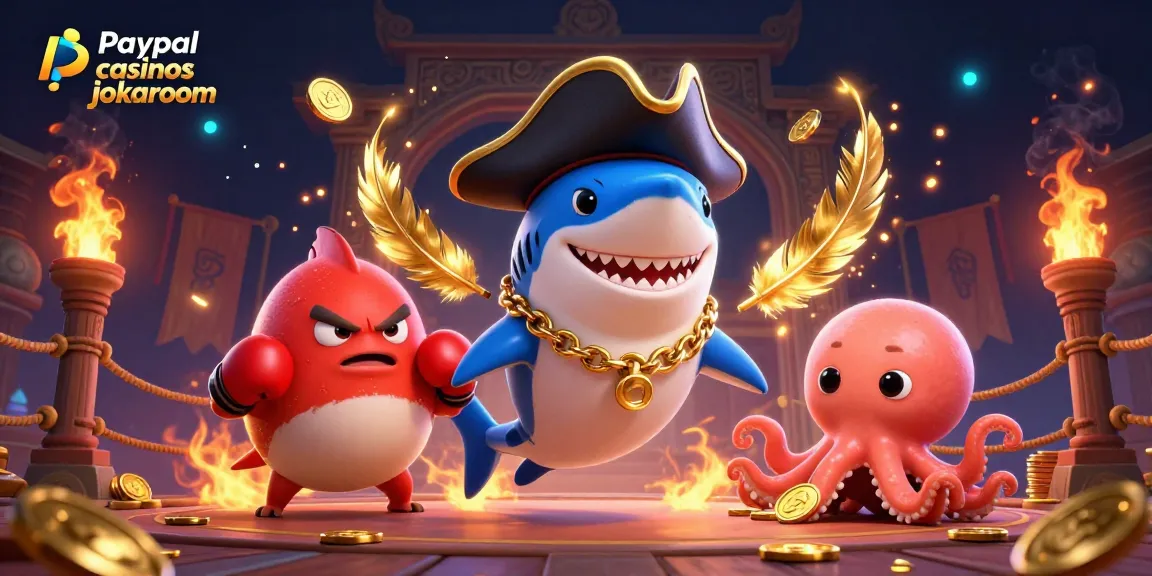Engage at paypal casinos jokaroom with a cartoon pirate shark, pufferfish, and octopus in a vibrant casino scene.