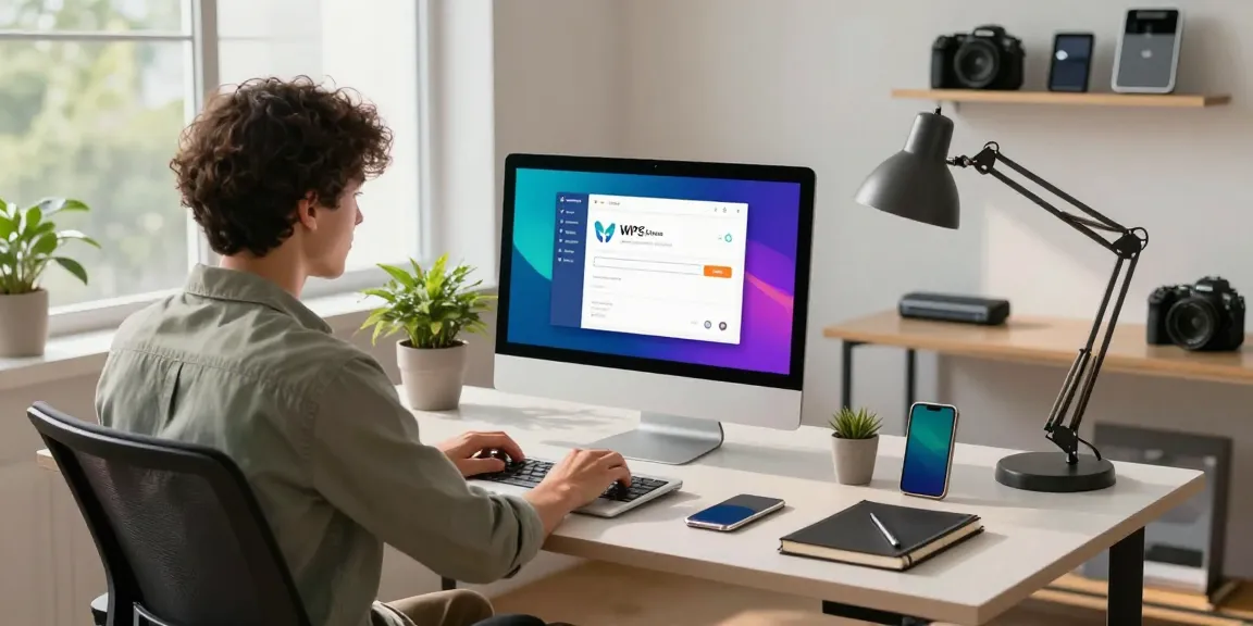 Focused user downloading WPS software in a modern workspace, highlighting productivity tools.