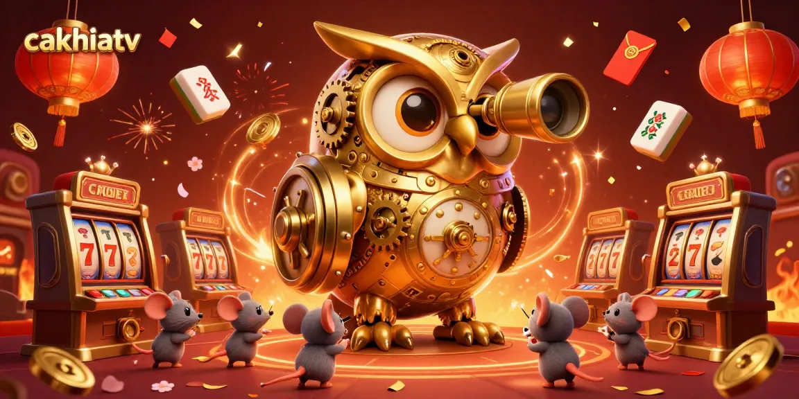 Experience thrilling gameplay with cakhiatv featuring a clockwork owl and lively mice in a vibrant casino atmosphere.
