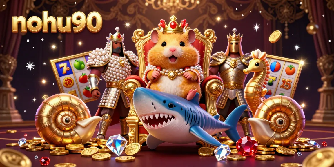 Nohu90 offers a vibrant 3D scene featuring a golden hamster king on a megalodon throne with casino elements.