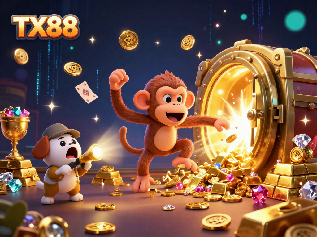 Experience the excitement of TX88 as the poltergeist monkey juggles gold in a vibrant casino.