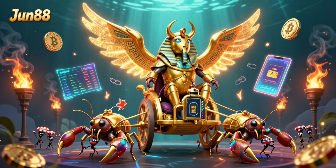 Experience thrilling gambling adventures with Jun88, featuring a gold scarab and sparkling casino elements.